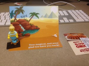 NIce to see my work missed me. They left me this tongue-in-cheek card for my return.